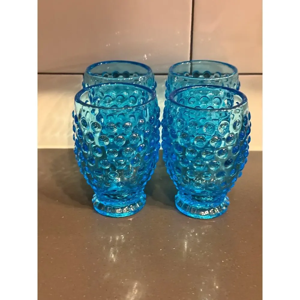 Vintage Set of 4 Indiana Glass Hobnail Juice Glasses Bright Blue Footed VTG